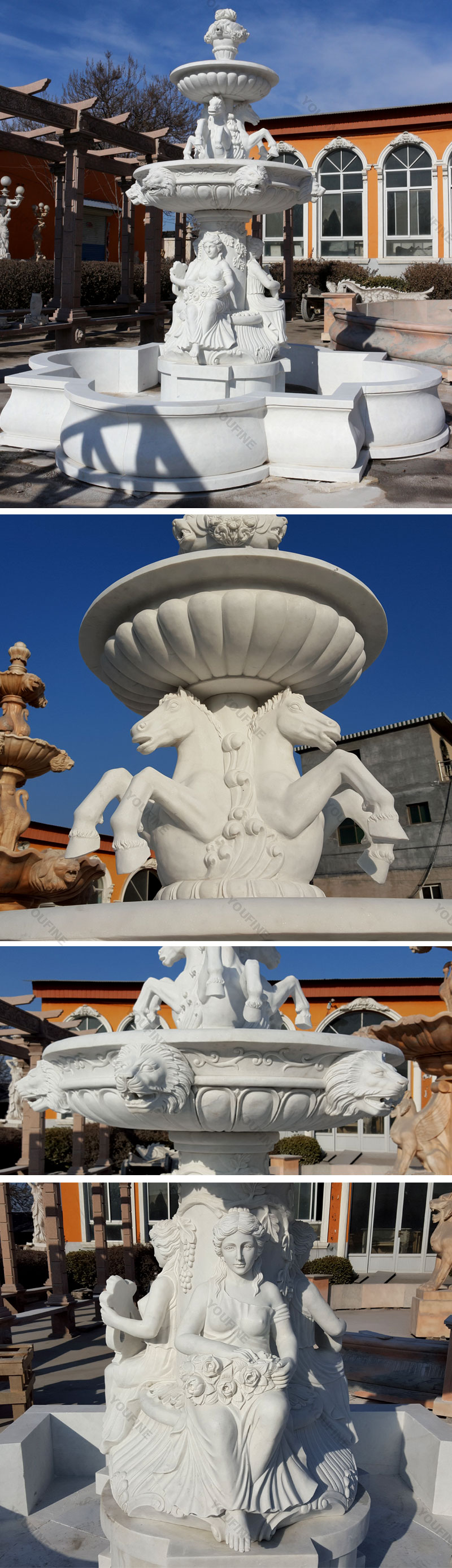 Outdoor luxury tiered water fountains with sitting woman statues for park