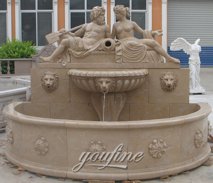 Outdoor lion water wall mounted garden fountains with nude man and woman design for sale