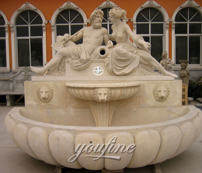 Outdoor lion stone wall mounted water fountains with nude figures design for sale