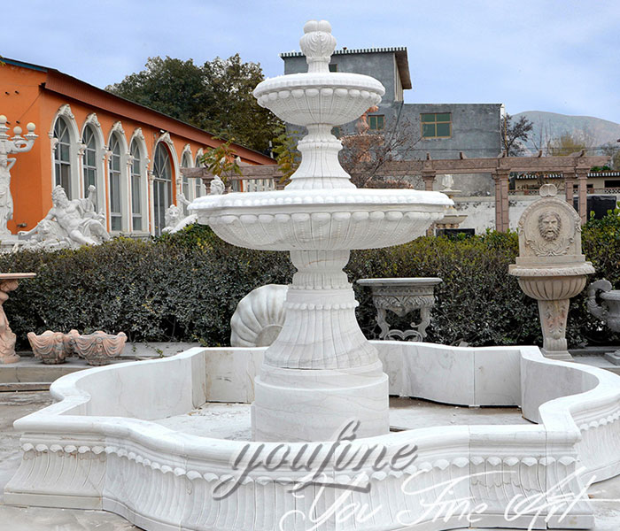 Outdoor classical natural white marble tiered waterfall features with pool for hospital