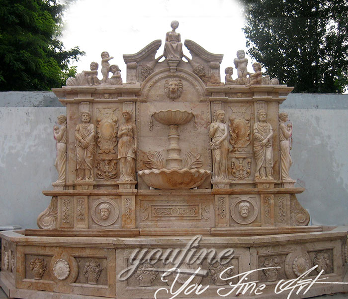 Outdoor luxury antique marble lion head wall fountains with figure statue decor for backyard of the hotel