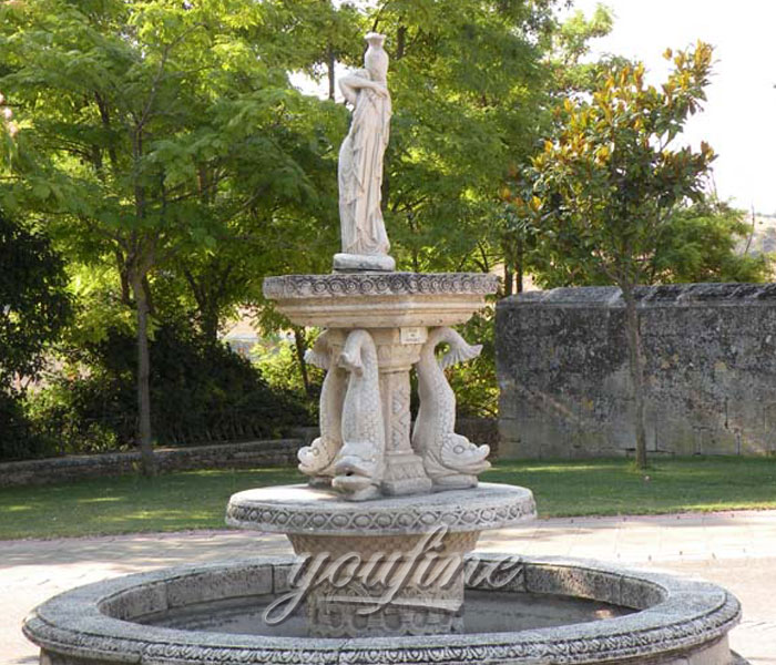 Outdoor cheap marble tiered water fish fountains with lady hold planters statue for backyard