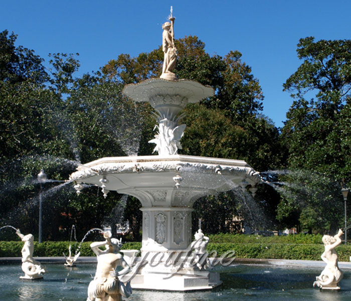 Outdoor large natural white stone waterfall lion face fountain with angel statues for sale