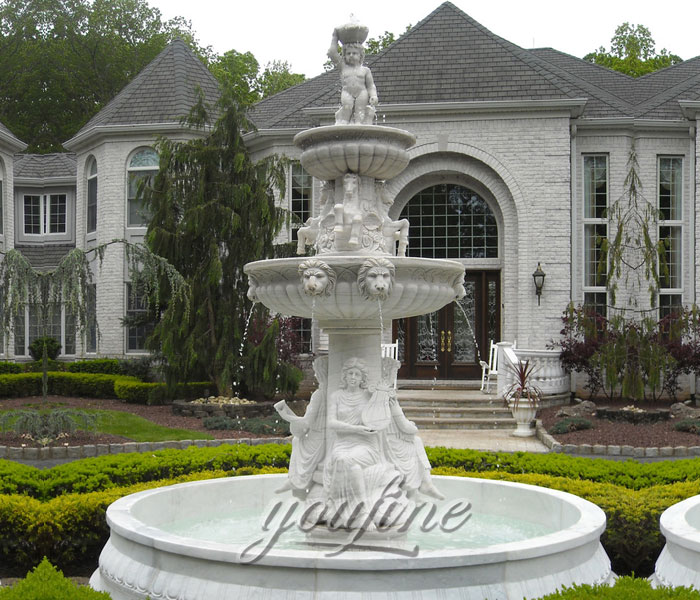 Indoor cheap white stone waterfall lion face fountain with nude woman statues to buy