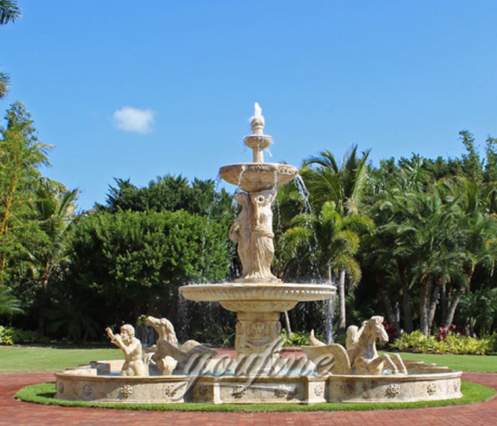 Luxury beige marble stone horse waterfall 2 tiers fountain with woman statues for outdoor decor