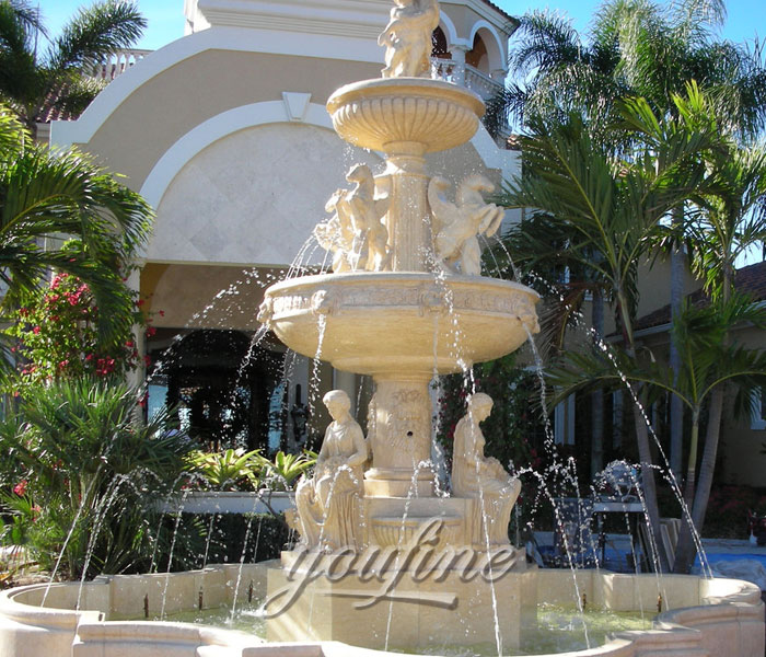 Outdoor grand style sandstone 3 tier horse waterfall  fountain with sitting woman statue for hotel
