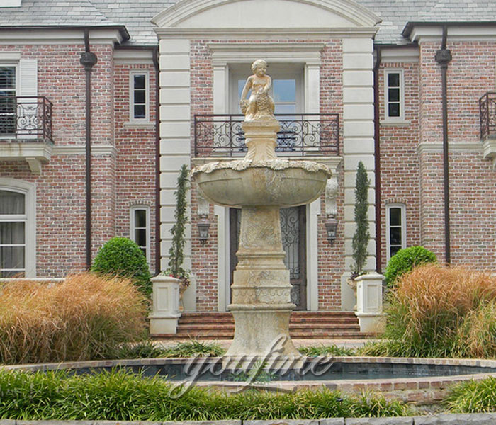 Outdoor antique tiered water stone fountain with angel statue for sale