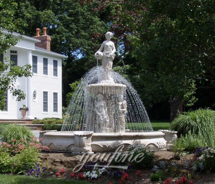Large tiered marble stone woman pouring garden water fountain outdoor