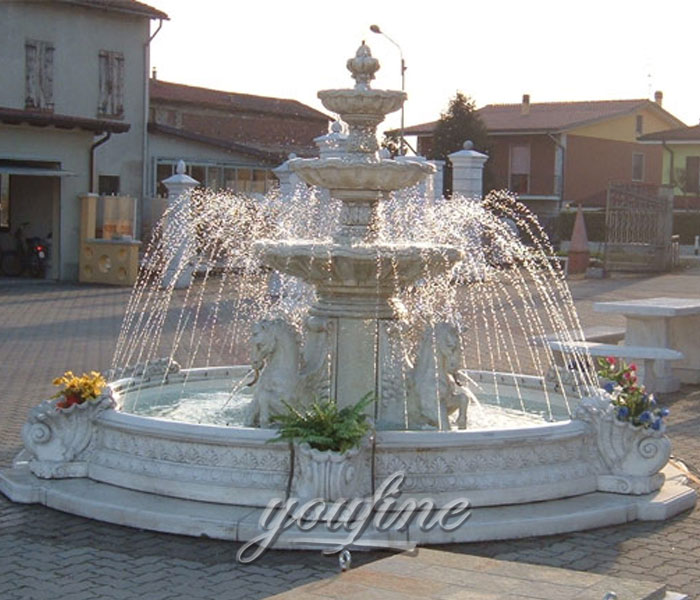 Outdoor luxury 3 tiers marble stone waterfall fountain with horse statues for square
