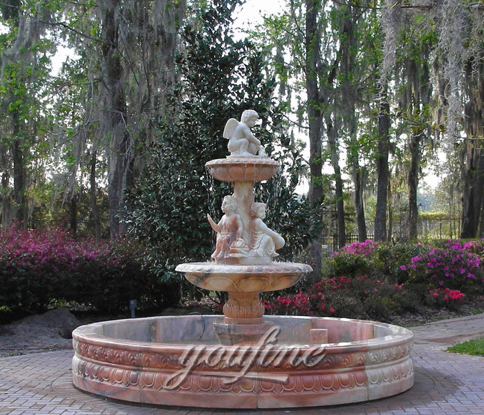 Outdoor garden decor sunset marble water 3 tiers fountain with cherub angel statues for sale